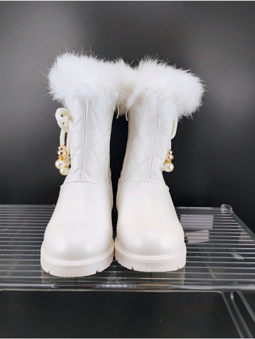 White Fur-Lined Kids Winter Boots Quilted Design Beaded Accent